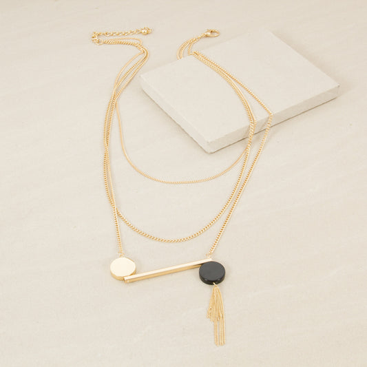 THREE LAYER BAR DISCS AND TASSEL NECKLACE