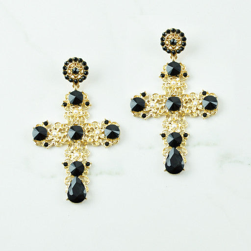 Jewelled Gold Cross Earrings