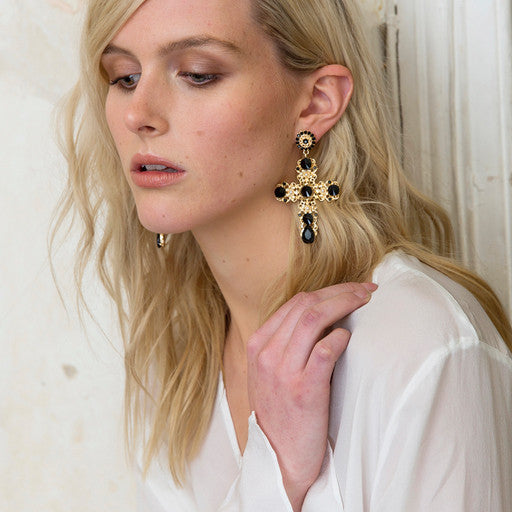 Jewelled Gold Cross Earrings
